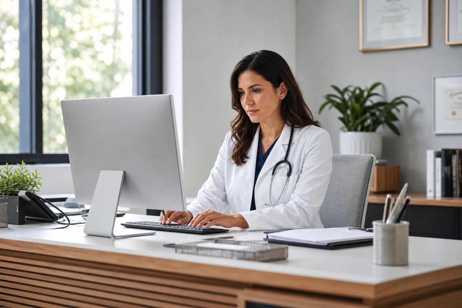 Female Doctor Working on Computer in Bright Office