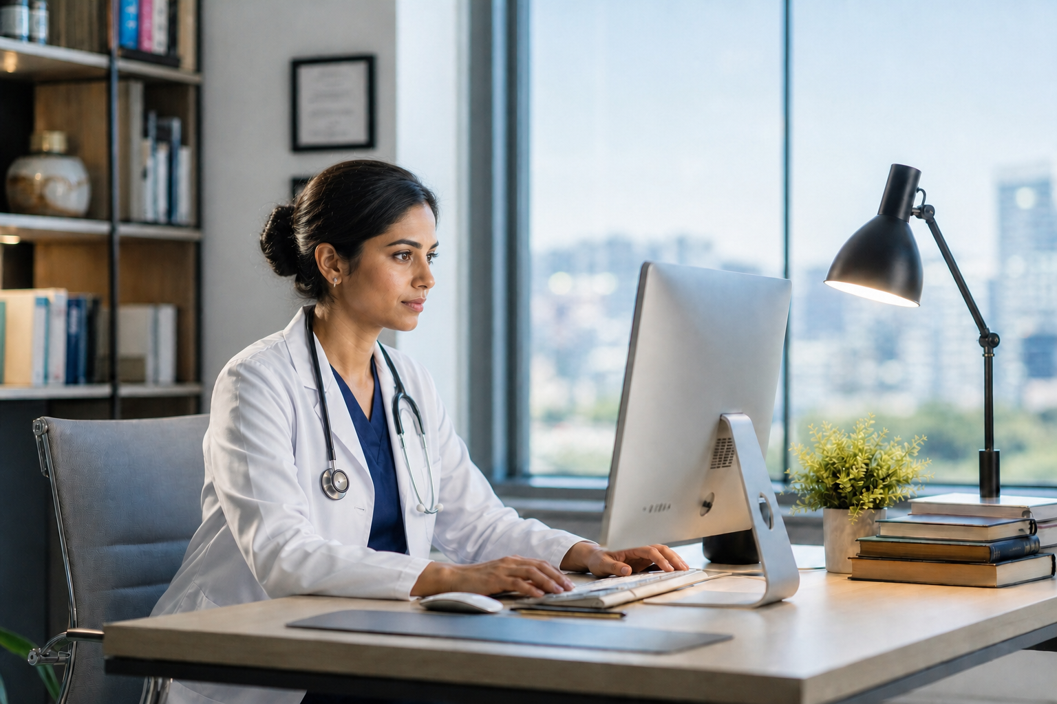 Female Doctor in Bright Corporate Office-1