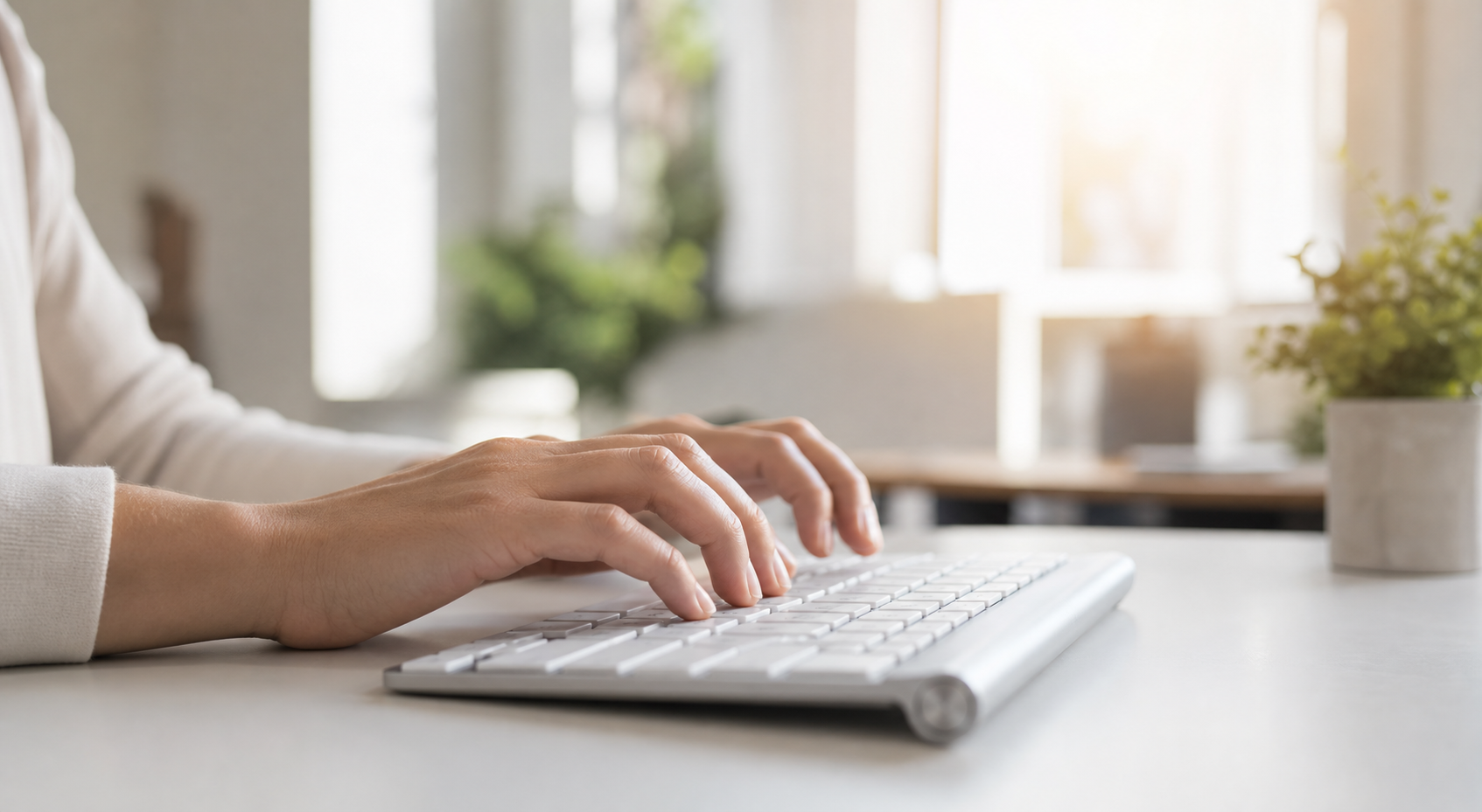 Hands Typing on Computer in Bright Office Setting