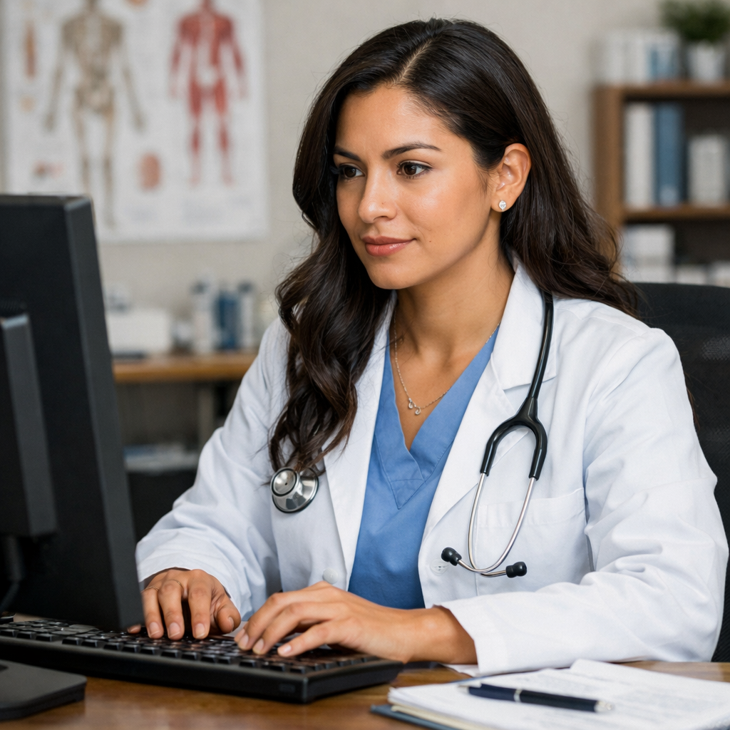 Latina Doctor Working on Computer