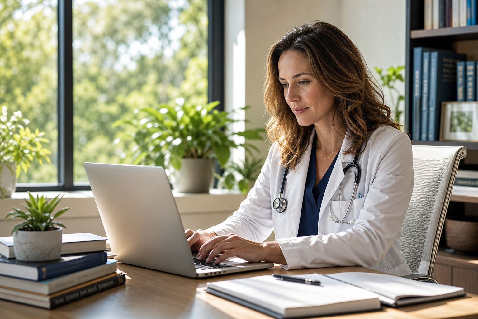 Woman Doctor Typing on Computer in Bright Environment